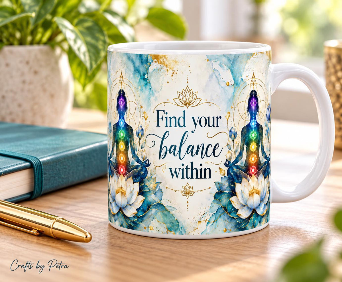 Find Your Balance Within Mug, Meditation Chakra Lotus Design