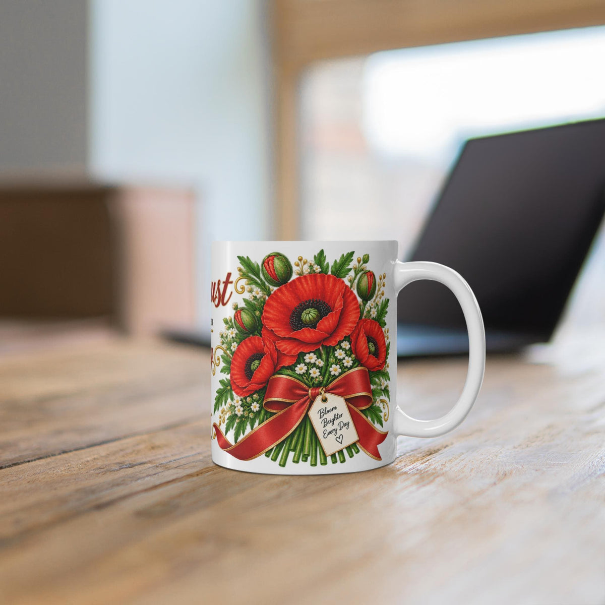August Poppy Birth Flower Mug | 11oz Ceramic Coffee Cup with Bouquet Art