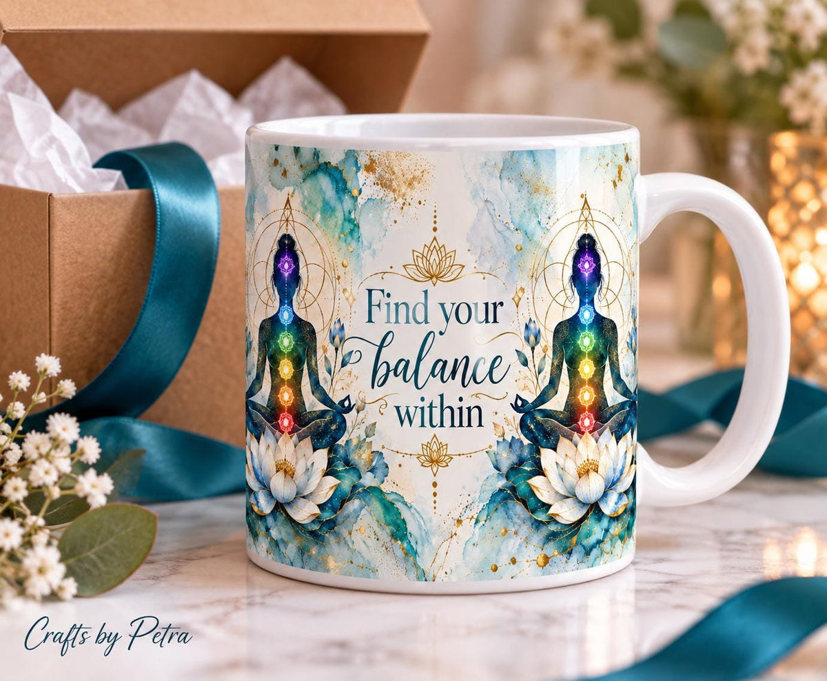 Find Your Balance Within Mug, Meditation Chakra Lotus Design