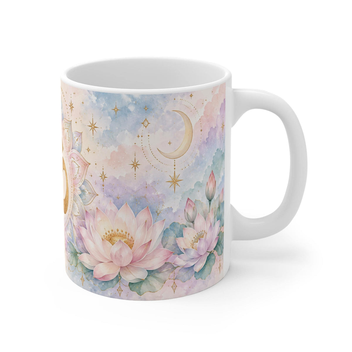 Om Symbol, Lotus Flowers and Crescent Moon Mug