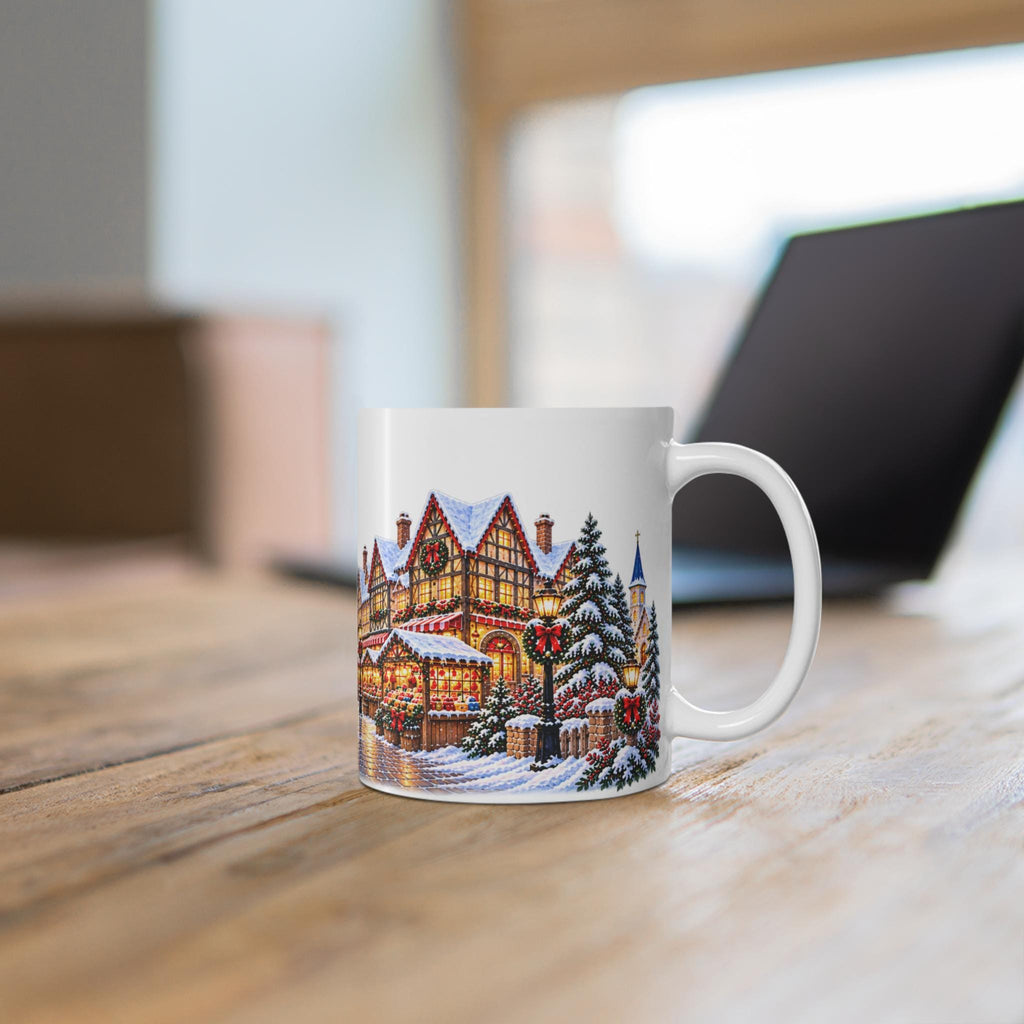 Cozy Snowy Christmas Village Mug | Holiday Winter Scene Coffee Cup
