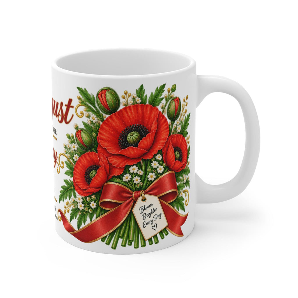 August Poppy Birth Flower Mug | 11oz Ceramic Coffee Cup with Bouquet Art