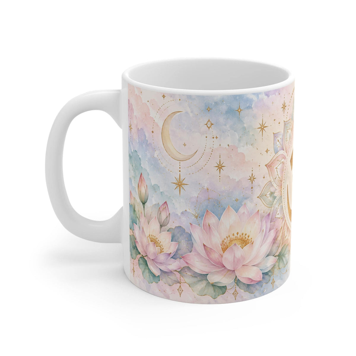 Om Symbol, Lotus Flowers and Crescent Moon Mug