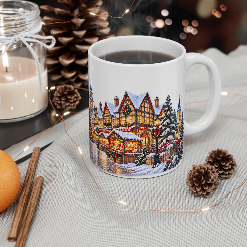 Cozy Snowy Christmas Village Mug | Holiday Winter Scene Coffee Cup