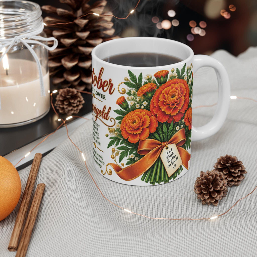 October Marigold Birth Flower Mug | Floral Ceramic Coffee Cup (11oz)