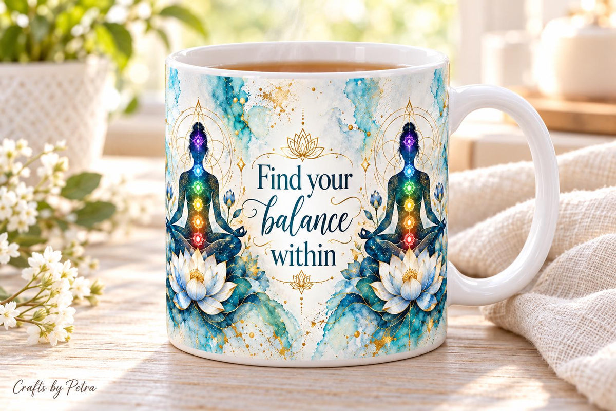 Find Your Balance Within Mug, Meditation Chakra Lotus Design