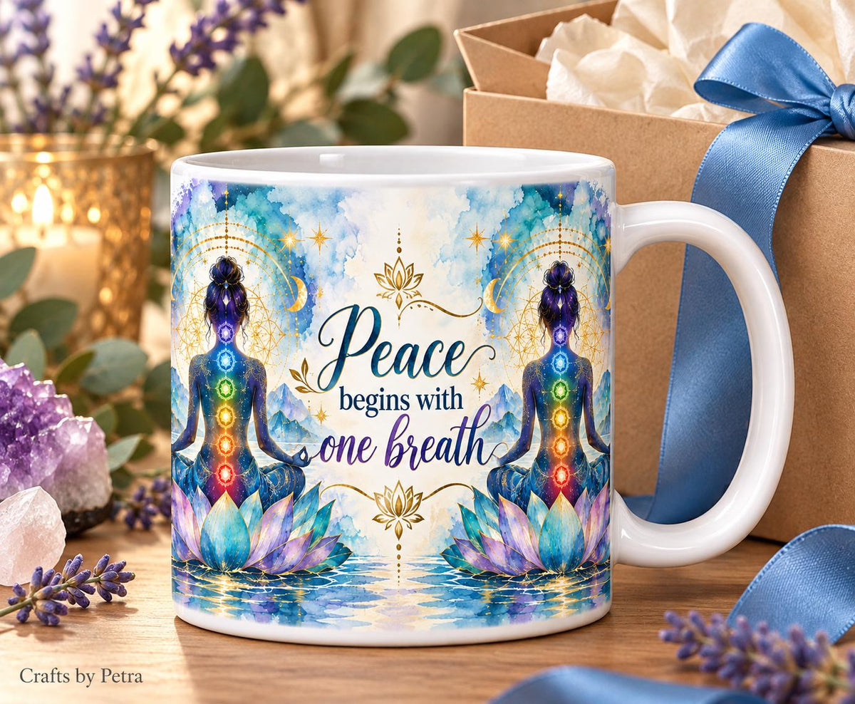 Peace begins with one breath Mug | Chakra meditation lotus design