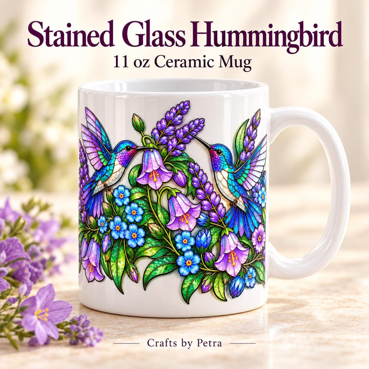 Hummingbird and Purple Floral Mug | Colorful Bird Flowers