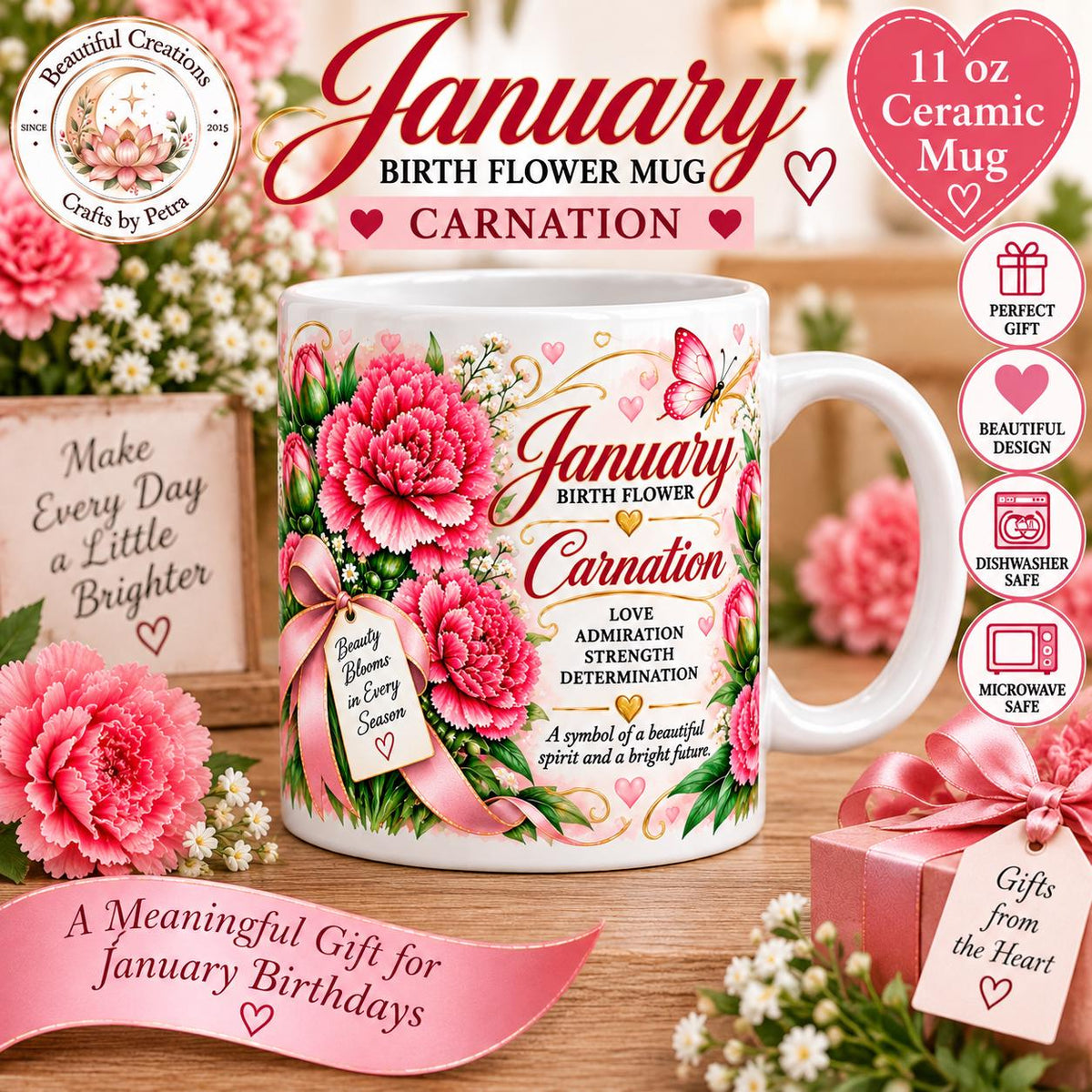 January Birth Flower Carnation Mug | Floral Birth Month Coffee Cup