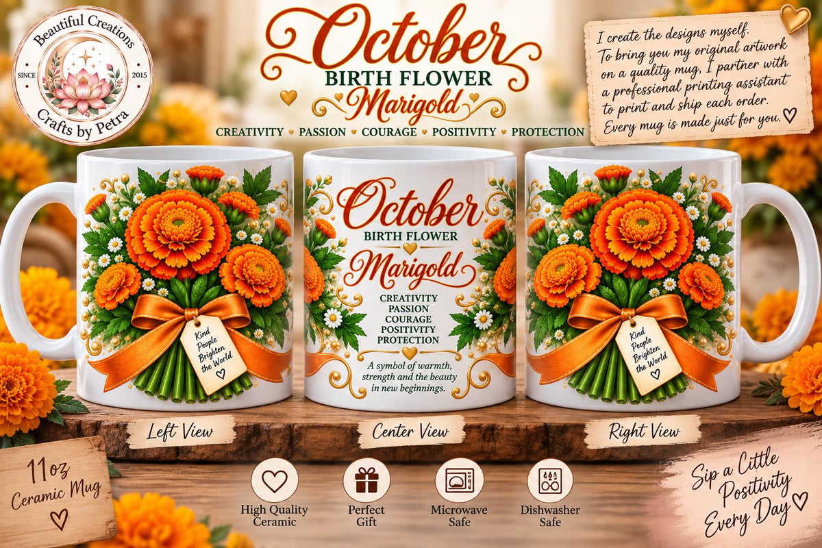 October Marigold Birth Flower Mug | Floral Ceramic Coffee Cup (11oz)