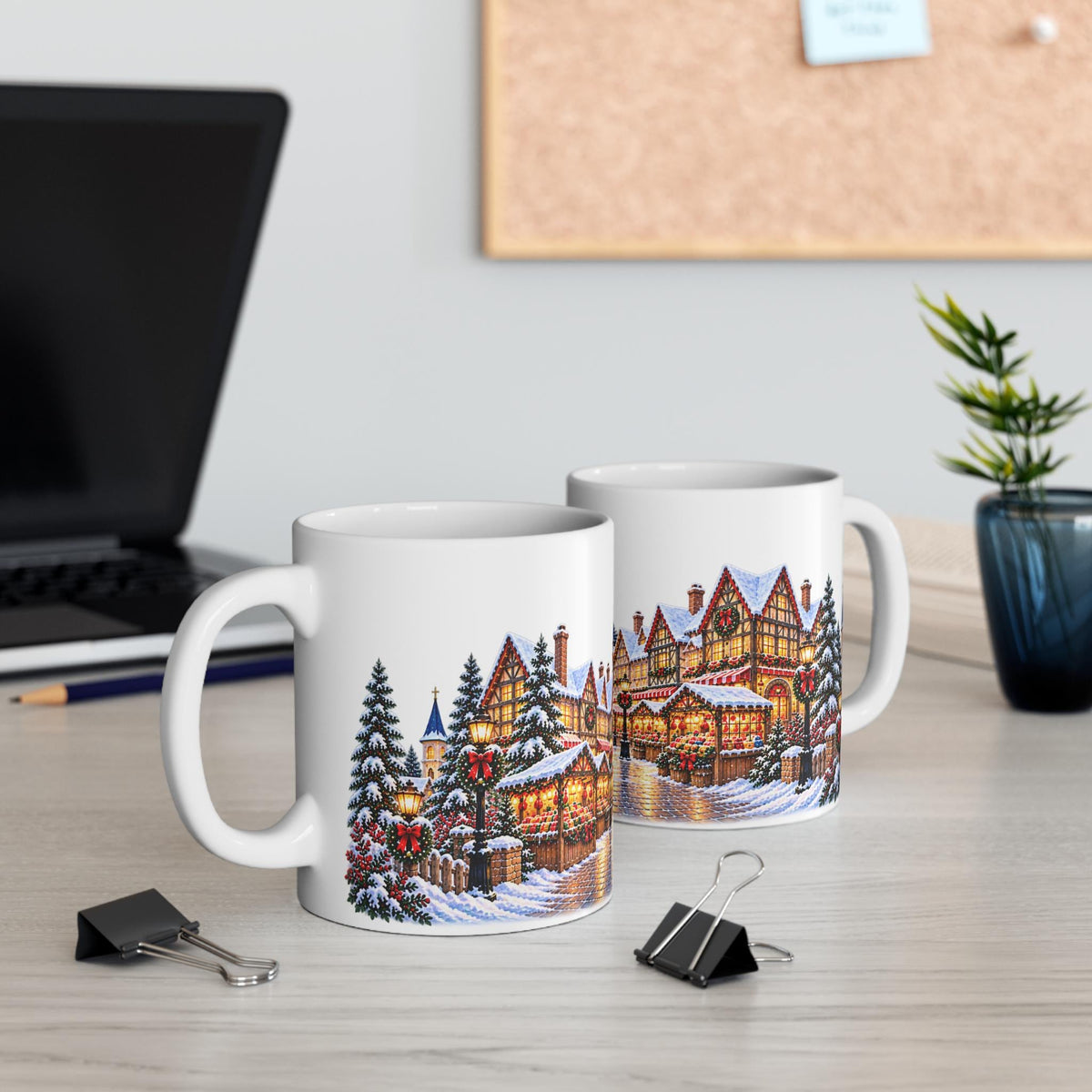 Cozy Snowy Christmas Village Mug | Holiday Winter Scene Coffee Cup