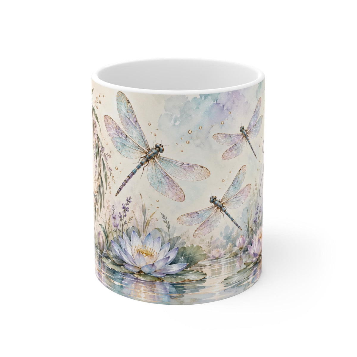Dragonfly Lotus Om Symbol Mug, Watercolor Floral Spiritual Design