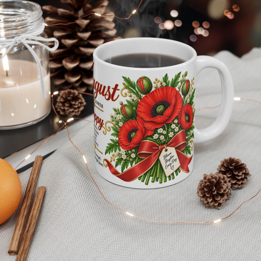 August Poppy Birth Flower Mug | 11oz Ceramic Coffee Cup with Bouquet Art