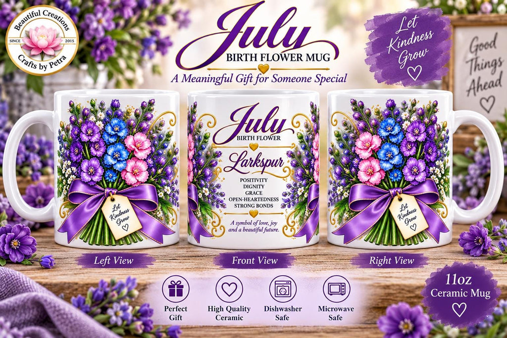 July Larkspur Mug | Birth Flower Bouquet, Floral Birthmonth Coffee Cup