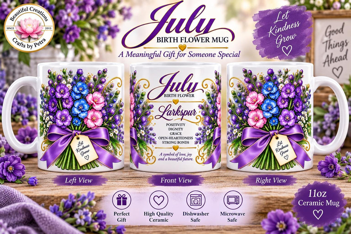 July Larkspur Mug | Birth Flower Bouquet, Floral Birthmonth Coffee Cup
