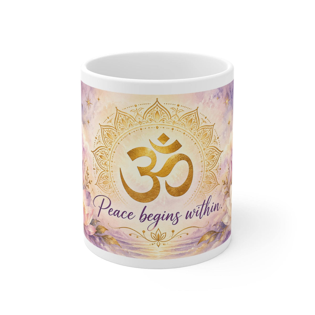 Om Symbol Peace Begins Within Mug, Lotus Flowers 11oz