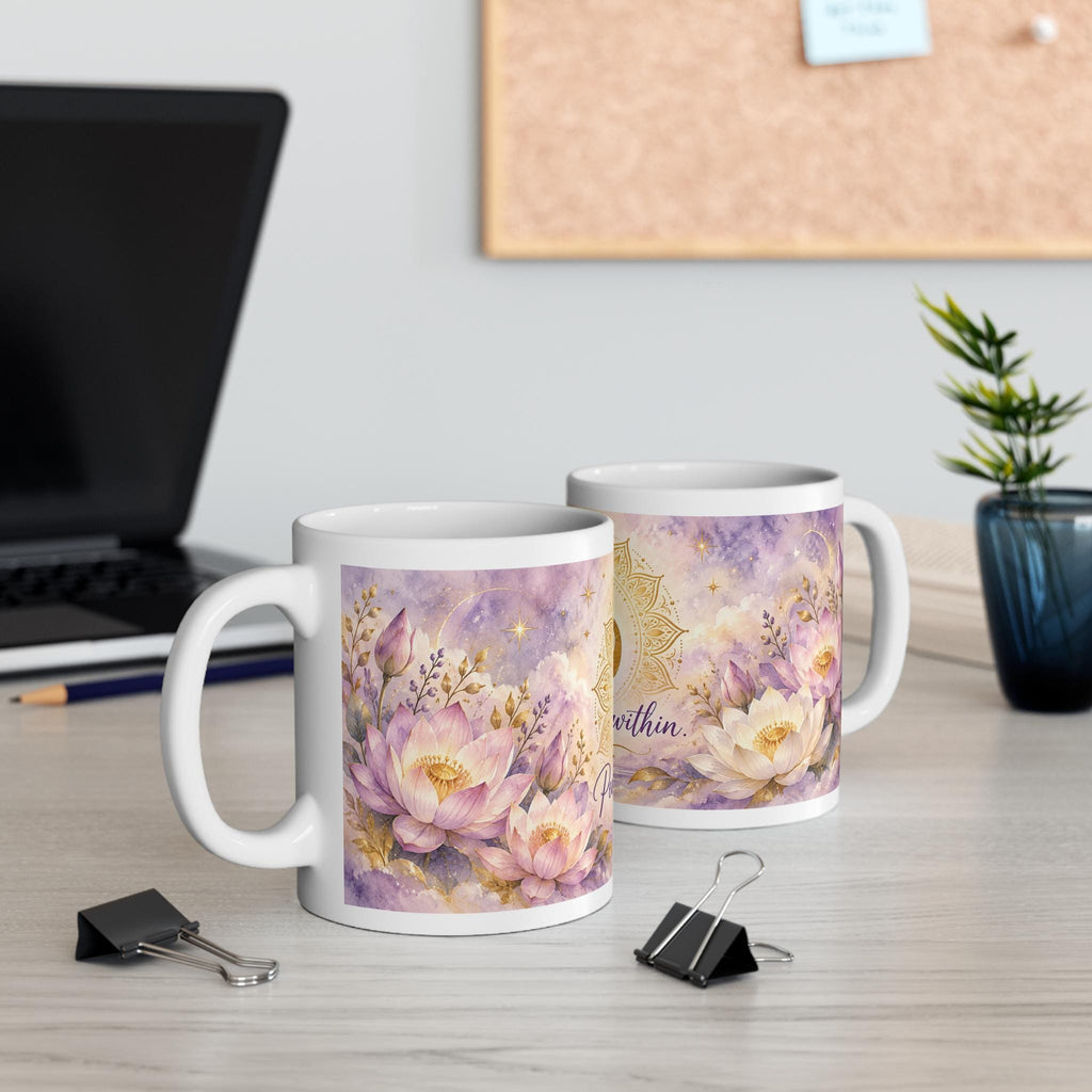 Om Symbol Peace Begins Within Mug, Lotus Flowers 11oz