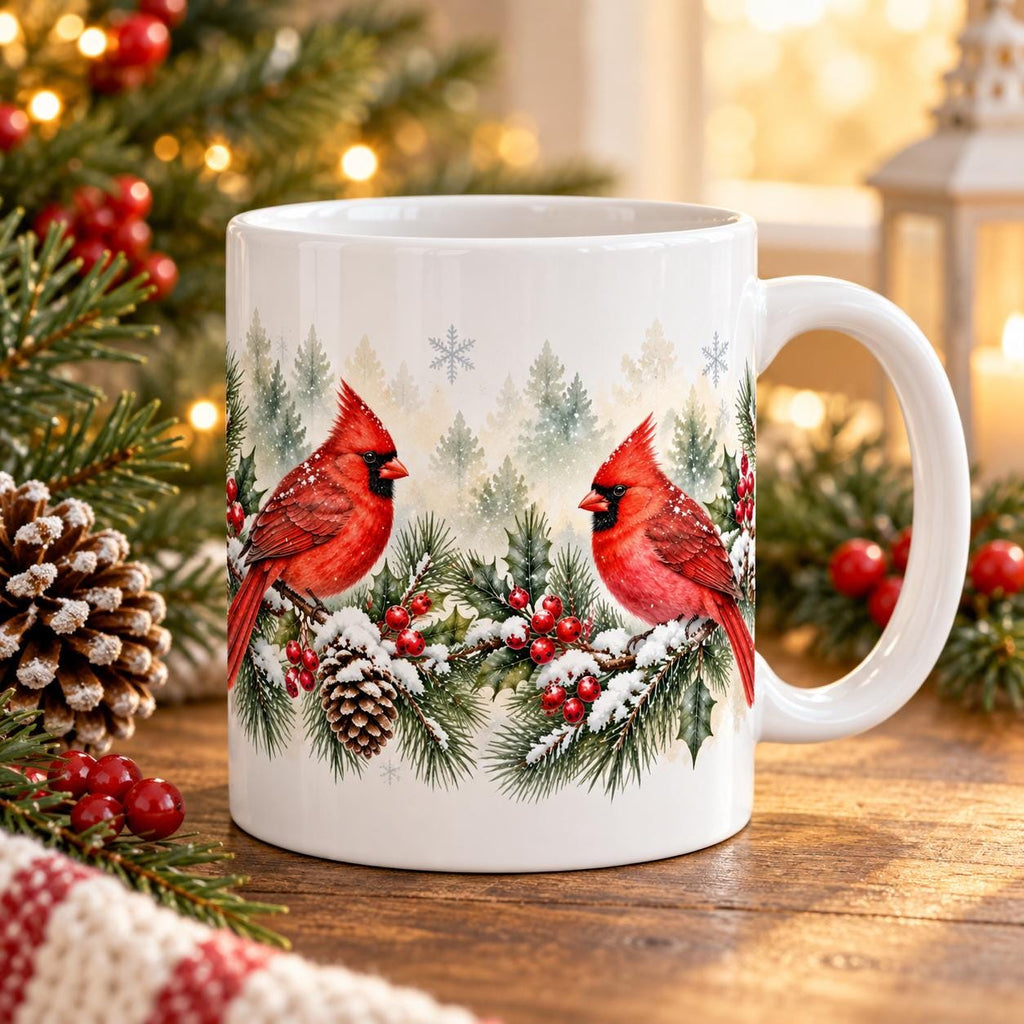 Red Cardinal on Pine Garland Mug | Winter Holiday Coffee Cup