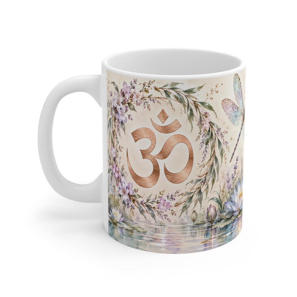 Dragonfly Lotus Om Symbol Mug, Watercolor Floral Spiritual Design