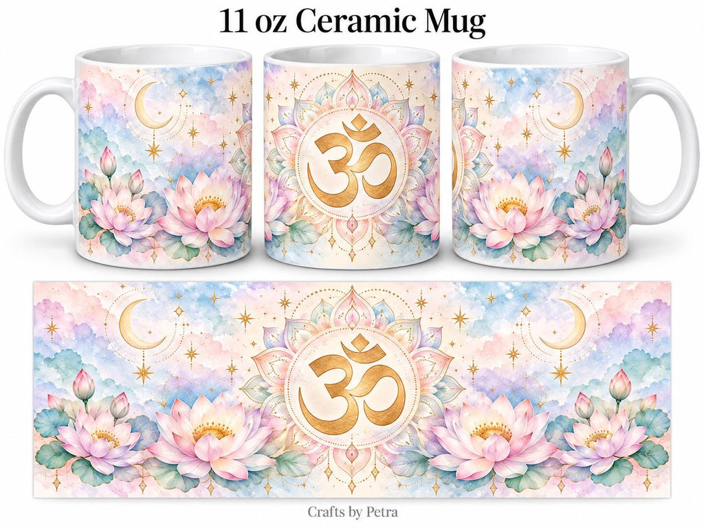 Om Symbol, Lotus Flowers and Crescent Moon Mug