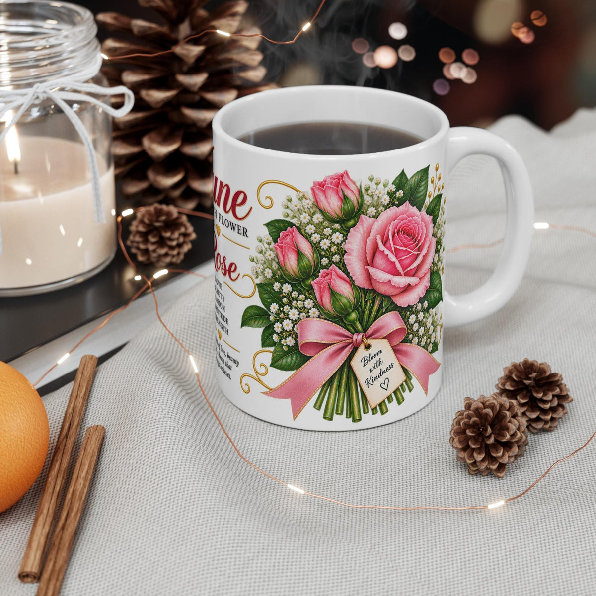 June Birth Flower Rose Mug | Pink Roses Bouquet, Birth Month Meaning