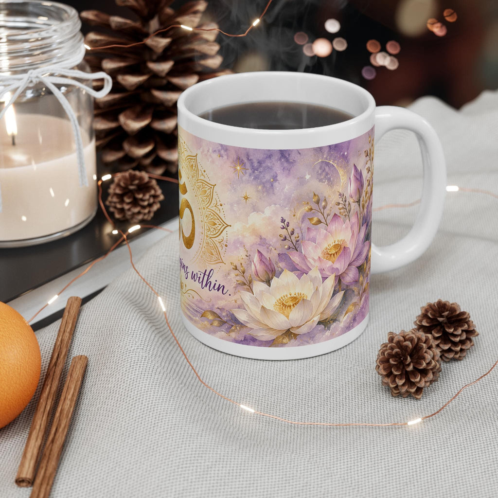 Om Symbol Peace Begins Within Mug, Lotus Flowers 11oz