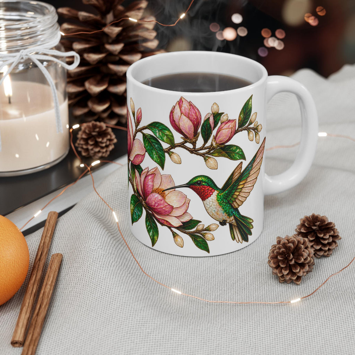 Hummingbird and Magnolia Mug | Floral Bird Illustration Stained Glass