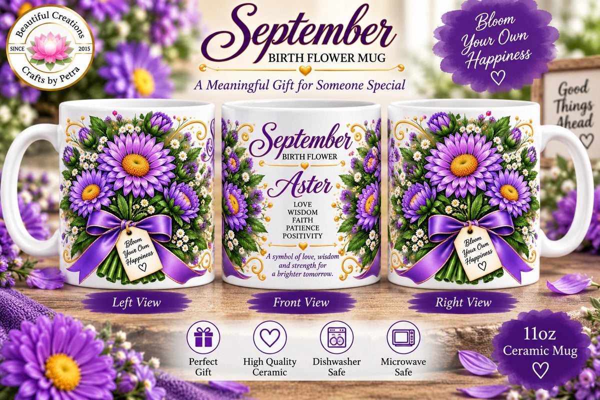 September Aster Mug | Birth Flower Bouquet, Purple Floral Coffee Cup