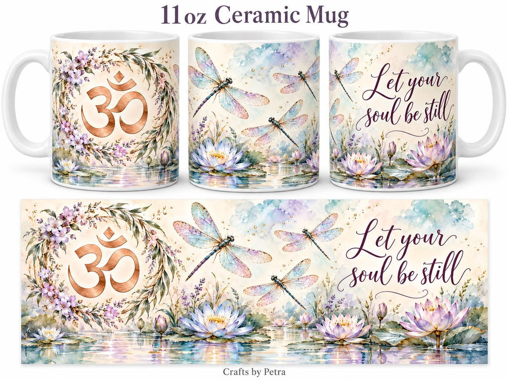 Dragonfly Lotus Om Symbol Mug, Watercolor Floral Spiritual Design