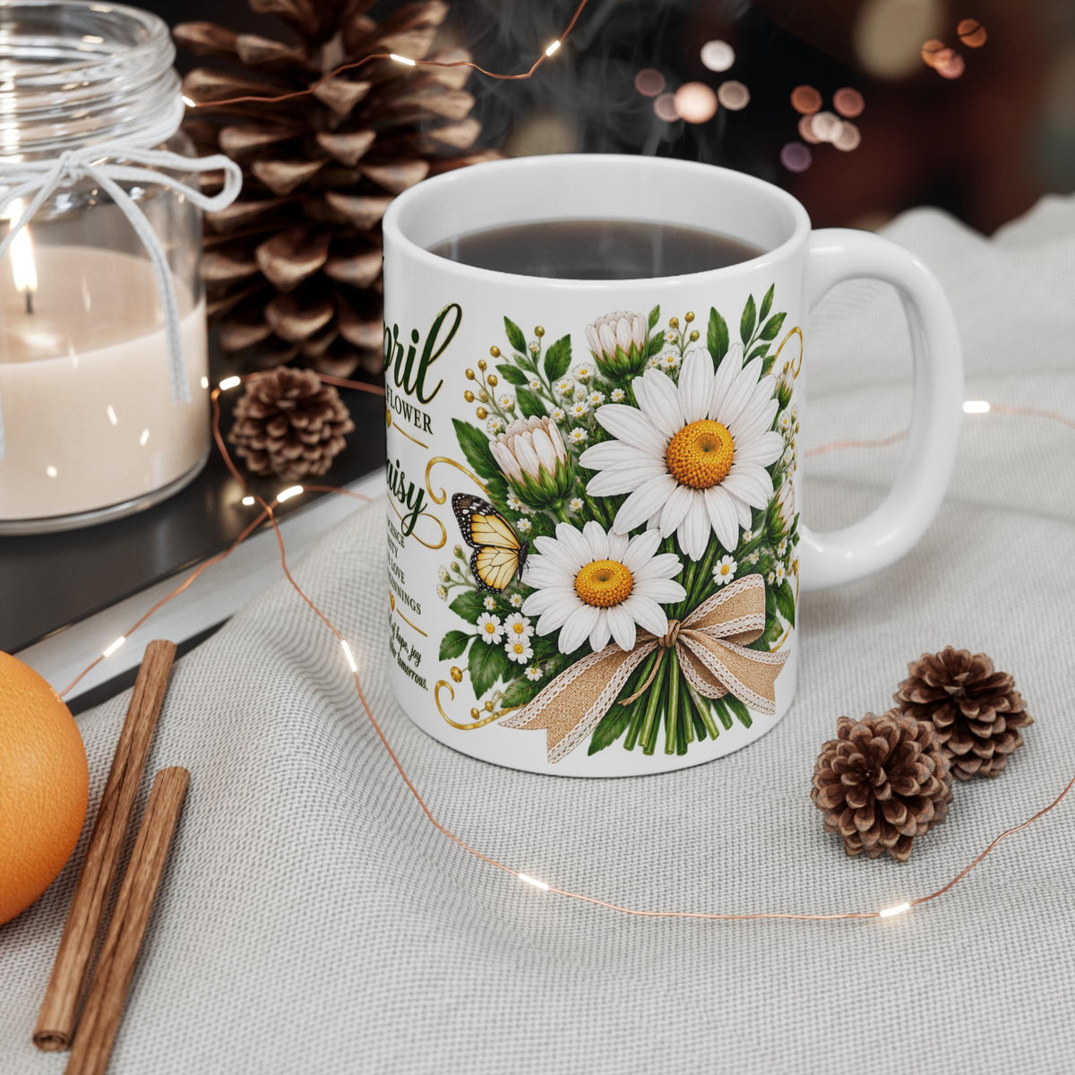 April Daisy Birth Flower Mug | April Birthstone Floral Coffee Cup