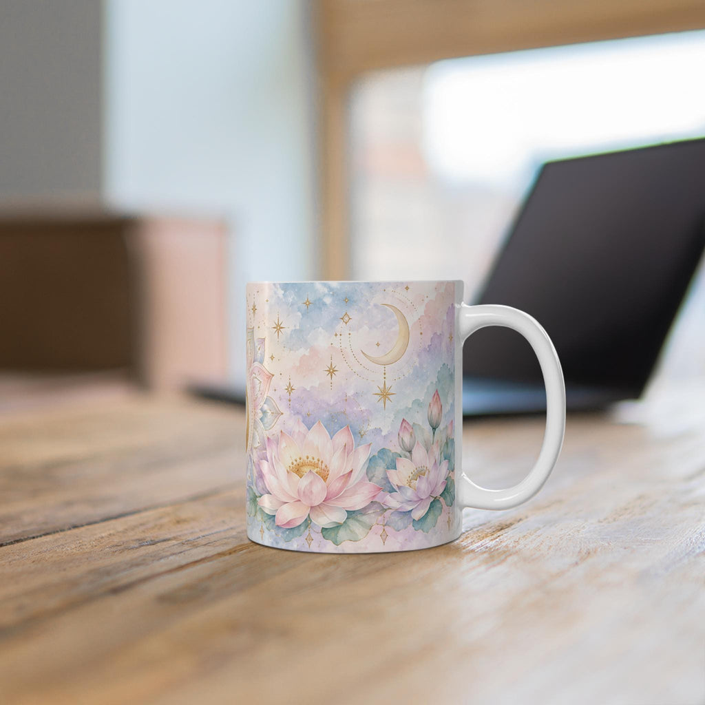 Om Symbol, Lotus Flowers and Crescent Moon Mug