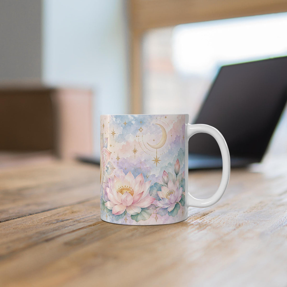 Om Symbol, Lotus Flowers and Crescent Moon Mug