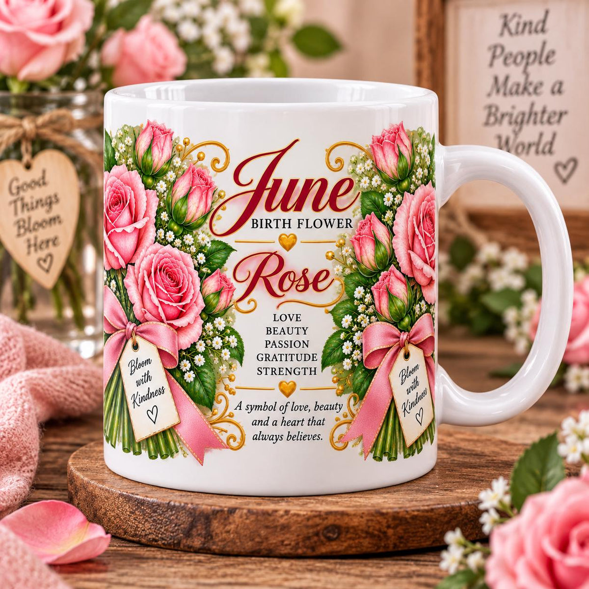 June Birth Flower Rose Mug | Pink Roses Bouquet, Birth Month Meaning