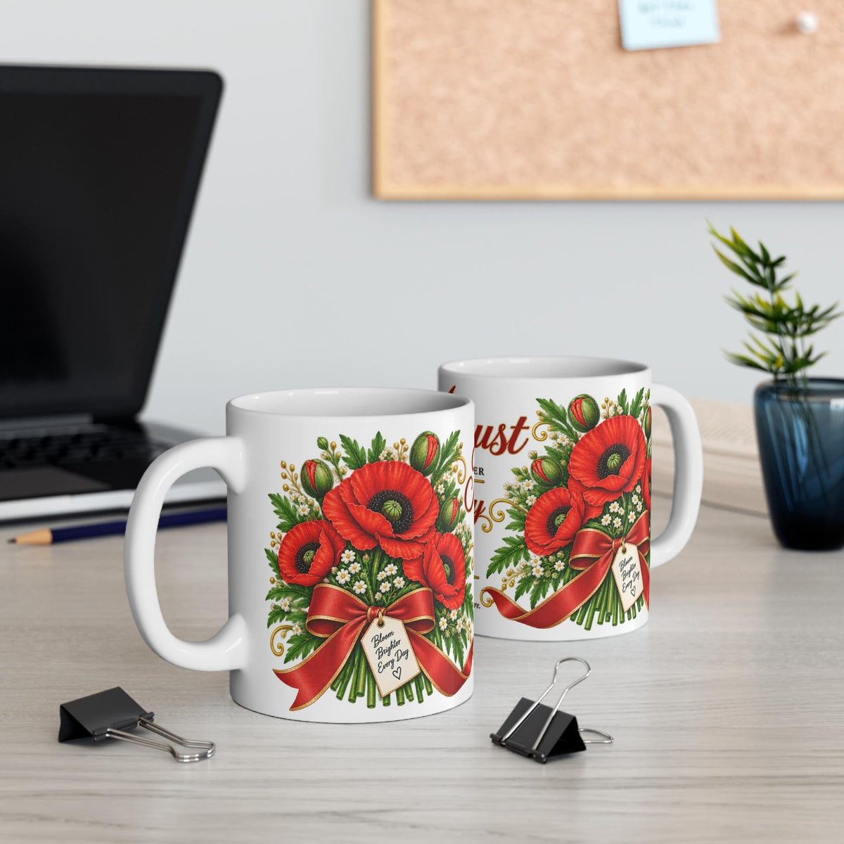 August Poppy Birth Flower Mug | 11oz Ceramic Coffee Cup with Bouquet Art