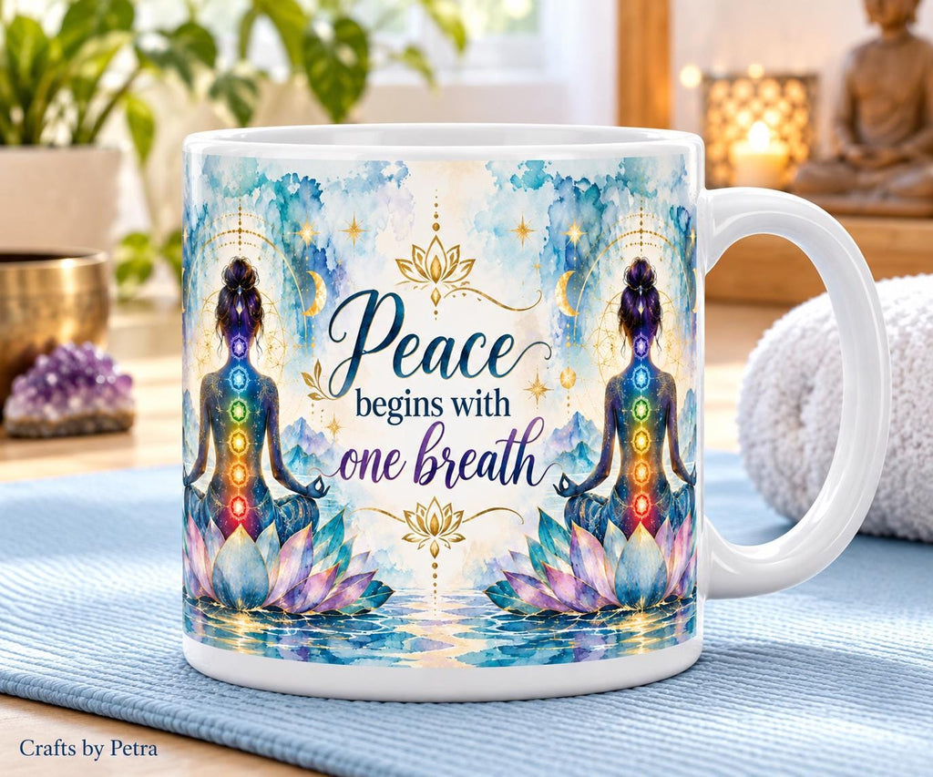 Peace begins with one breath Mug | Chakra meditation lotus design
