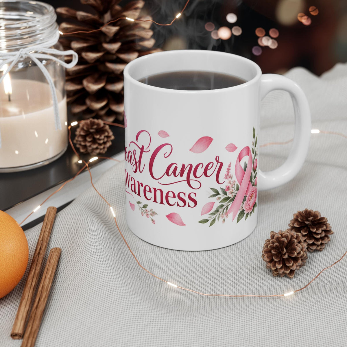 Breast Cancer Awareness Pink Ribbon Mug | Floral 11oz