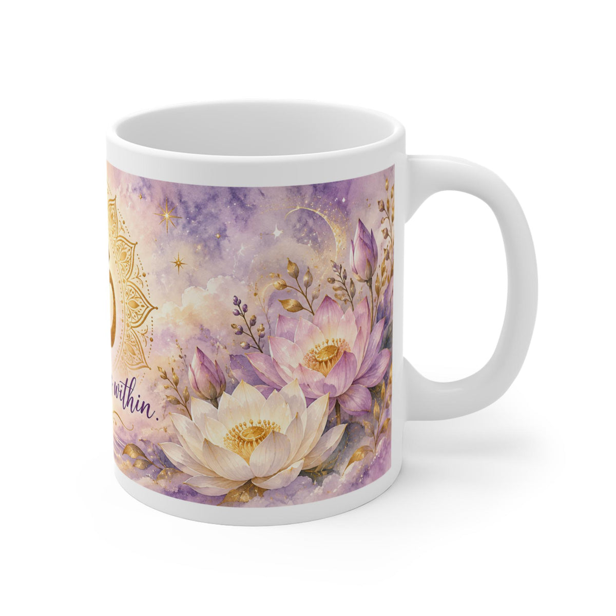 Om Symbol Peace Begins Within Mug, Lotus Flowers 11oz