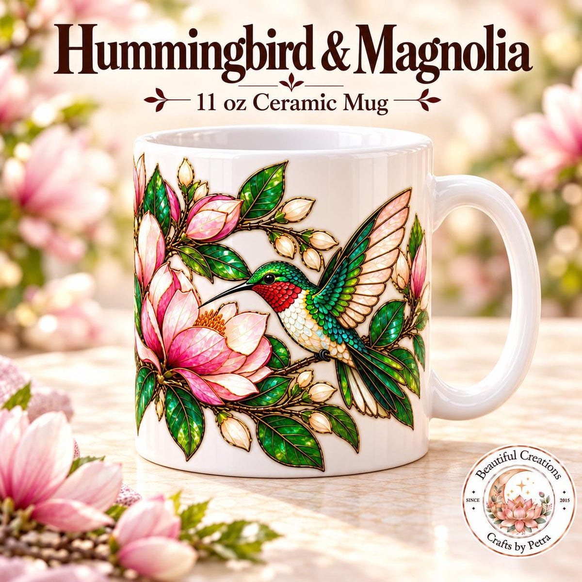 Hummingbird and Magnolia Mug | Floral Bird Illustration Stained Glass