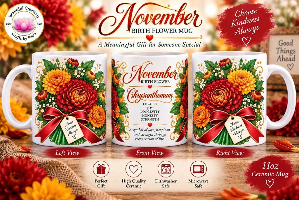 November Chrysanthemum Mug | November Birth Flower, Loyalty Joy Longevity