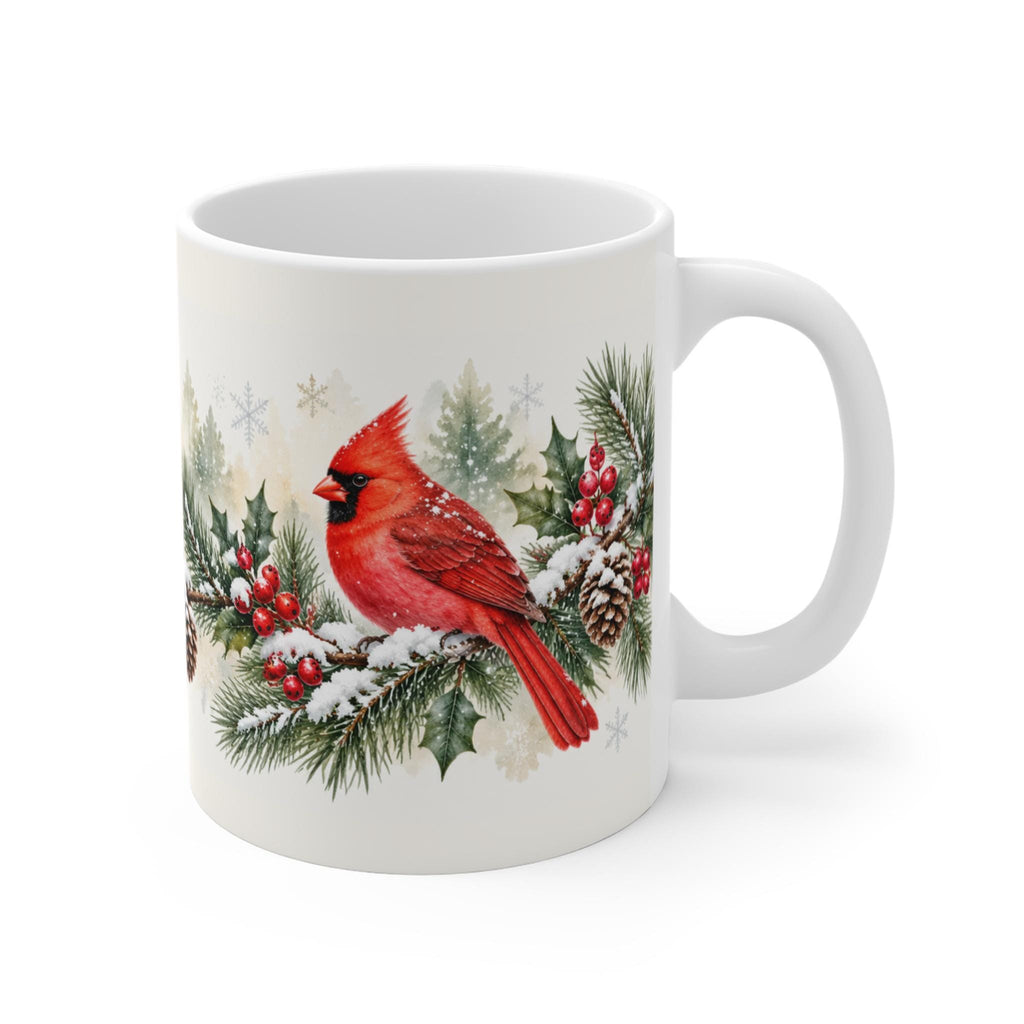 Red Cardinal on Pine Garland Mug | Winter Holiday Coffee Cup