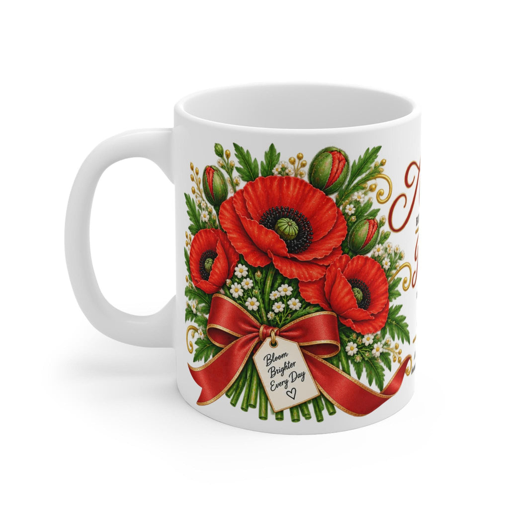 August Poppy Birth Flower Mug | 11oz Ceramic Coffee Cup with Bouquet Art
