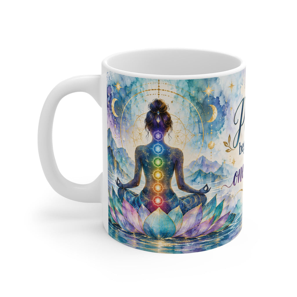 Peace begins with one breath Mug | Chakra meditation lotus design