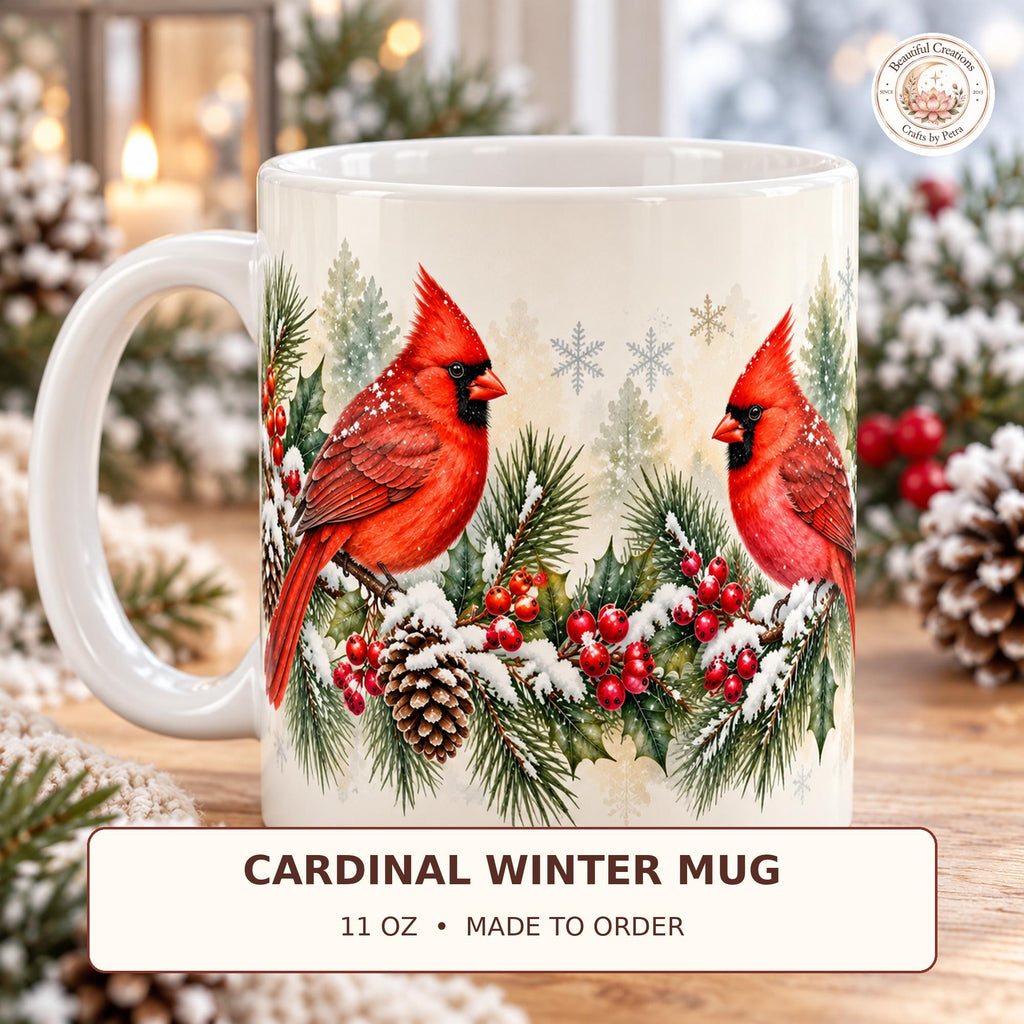 Red Cardinal on Pine Garland Mug | Winter Holiday Coffee Cup