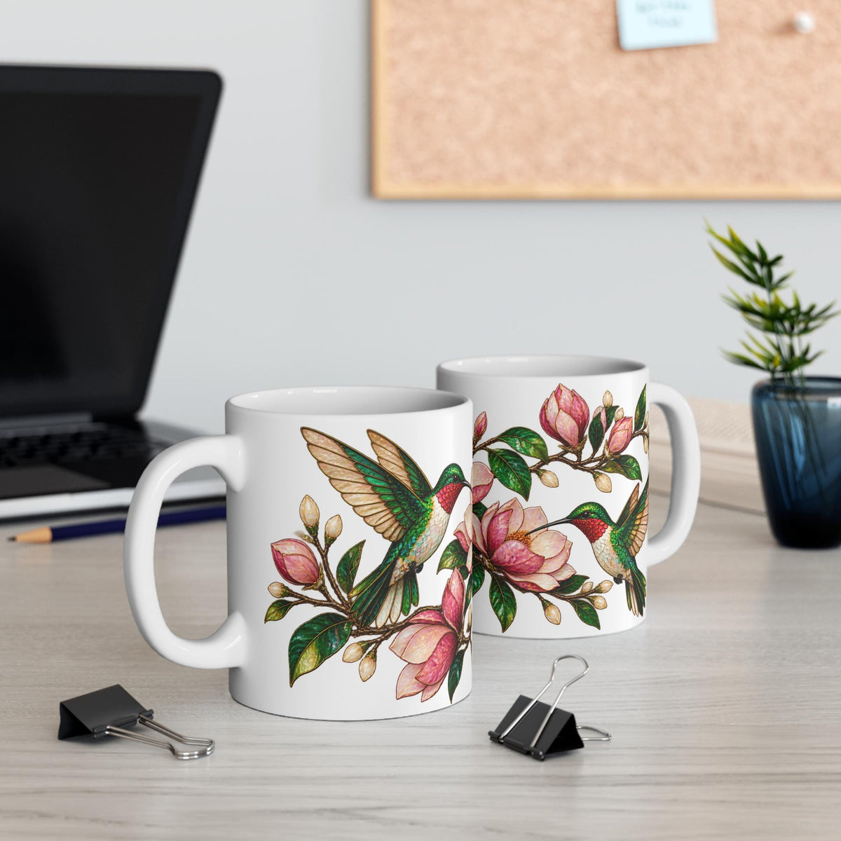Hummingbird and Magnolia Mug | Floral Bird Illustration Stained Glass