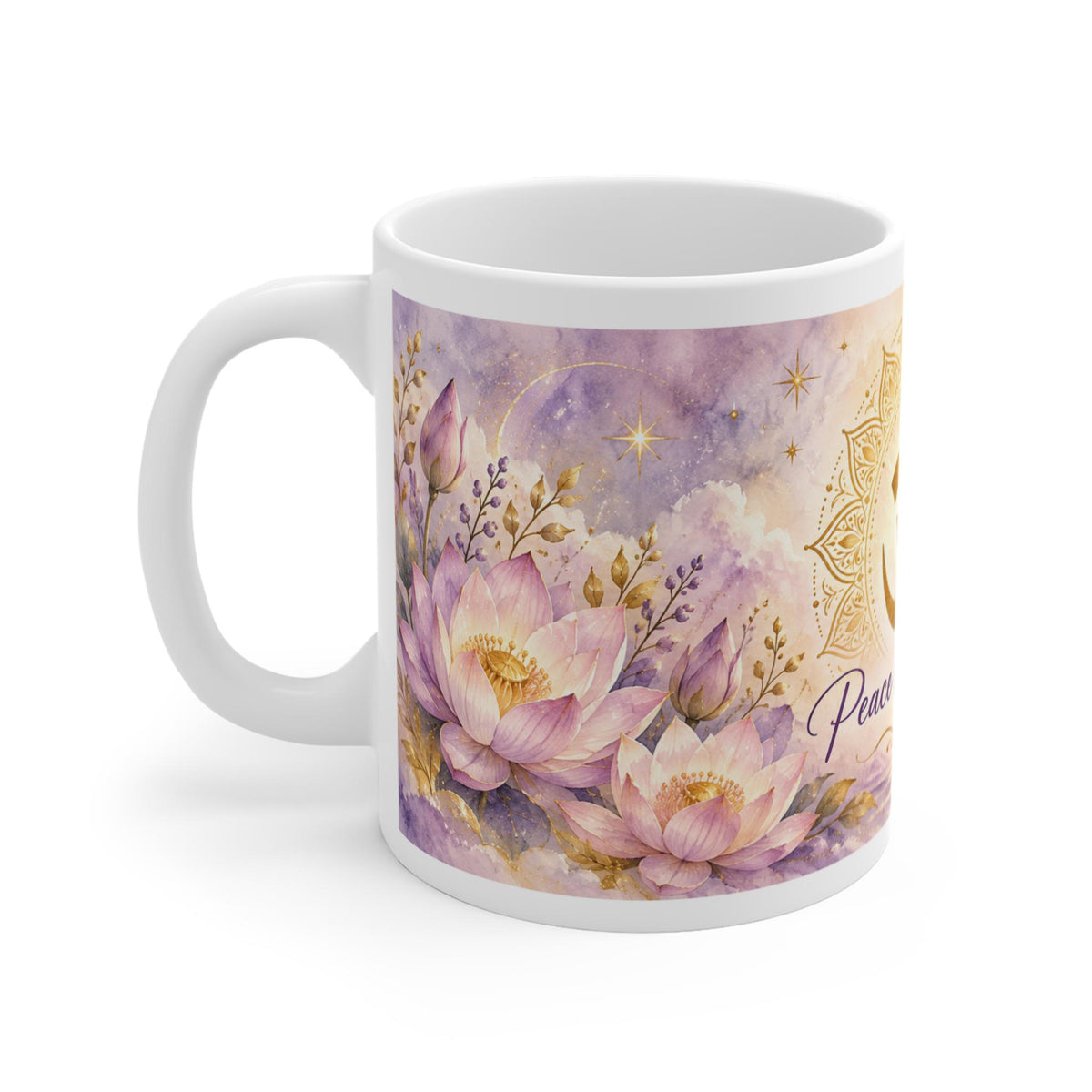 Om Symbol Peace Begins Within Mug, Lotus Flowers 11oz