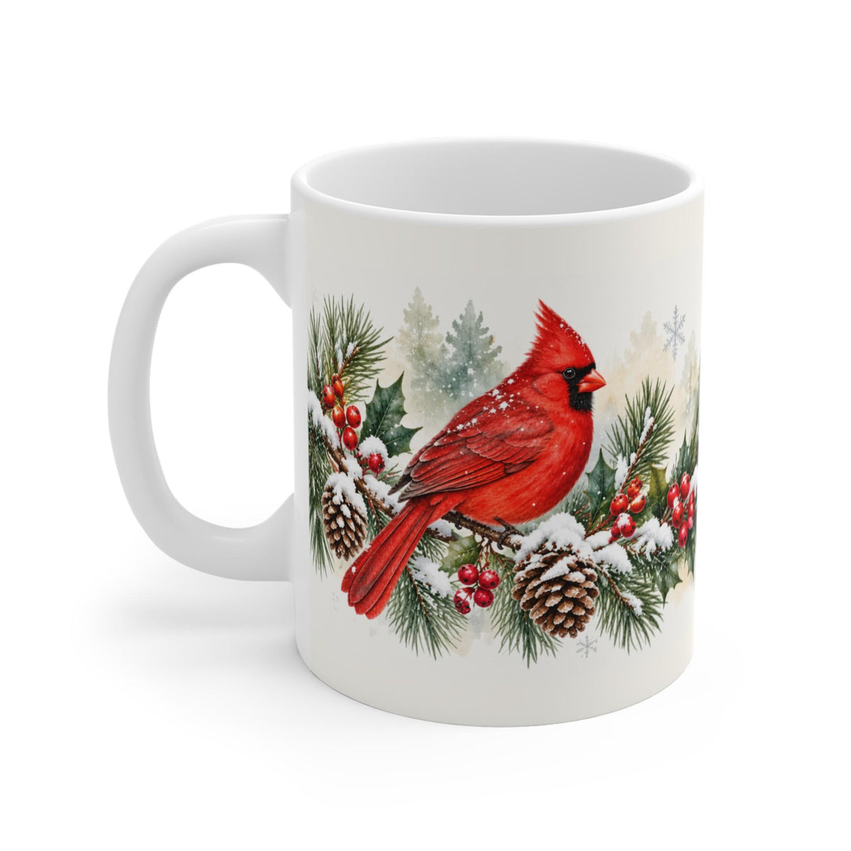 Red Cardinal on Pine Garland Mug | Winter Holiday Coffee Cup