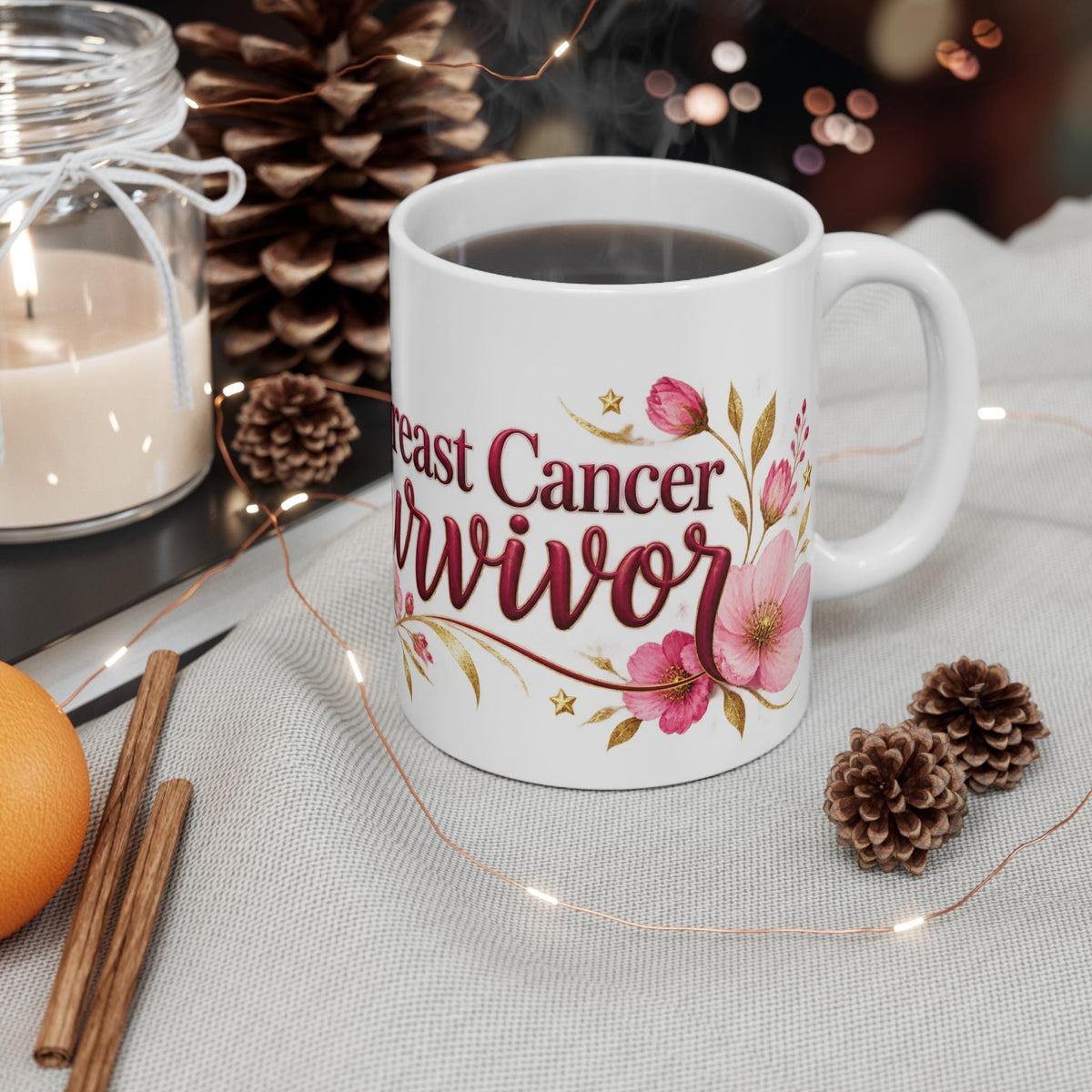 Breast Cancer Survivor Mug | Pink Ribbon Floral Coffee Cup