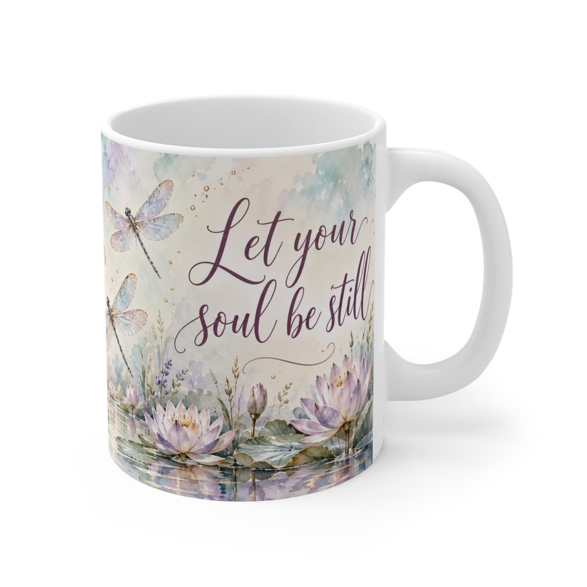 Dragonfly Lotus Om Symbol Mug, Watercolor Floral Spiritual Design