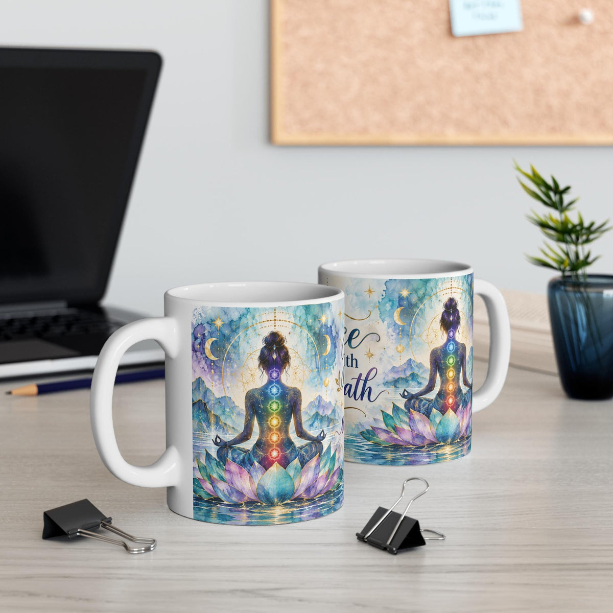 Peace begins with one breath Mug | Chakra meditation lotus design