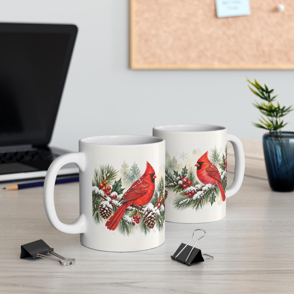 Red Cardinal on Pine Garland Mug | Winter Holiday Coffee Cup